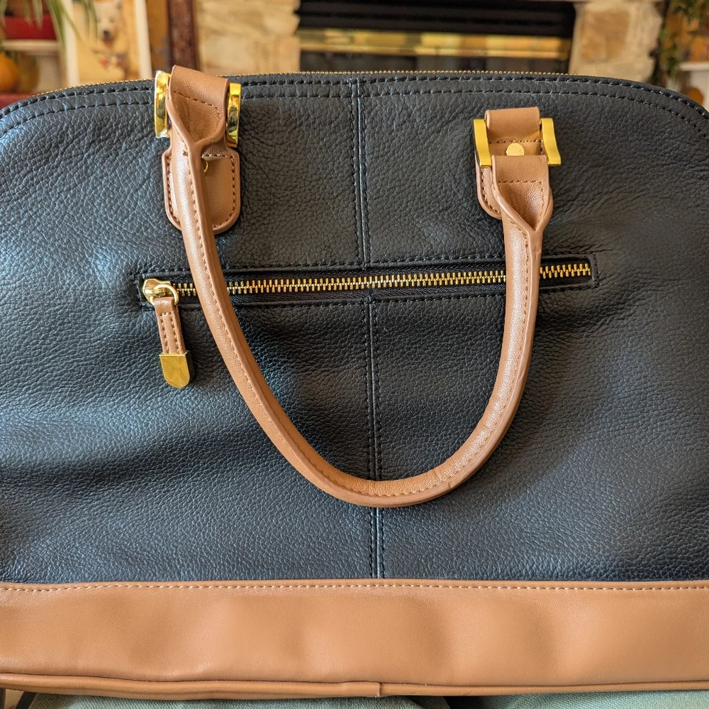 Joy & Iman Leather Black & Tan Satchel. Gently Used.Multiple Organizing Features